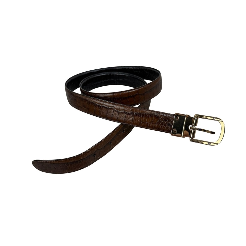 Lauren Ralph Lauren Belt Womens Brown Black Reversible Croco Embossed Gold 1"